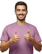 © Damir Khabirov - Motivated excited smiling young man in blue t-shirt, making thumbs up gesture of approval and success