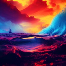 Sunset Over The Sea With Waves And A Boat