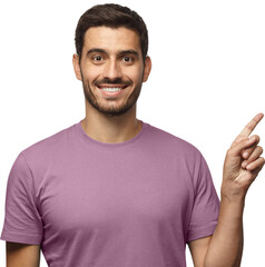 Wall Mural - Attractive young man in purple t-shirt pointing right with his finger