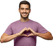 © Damir Khabirov - Young smiling handsome smiling male in blue t-shirt showing heart sign isolated on gray background