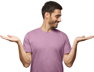 Wall Mural - young handsome male choosing between two different options, holding 2 hands, isolated on gray backgr