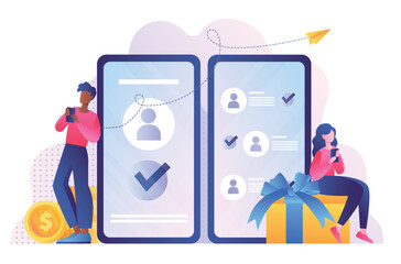 Referral program concept. Man and woman with smartphone, modern methods of marketing and promotion on Internet. Gadgets and devices, advertising poster or banner. Cartoon flat vector illustration