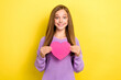 Photo of young age cute excited positive girlish lady wear knit sweater showing paper pink symbol love all her life isolated on bright yellow color background