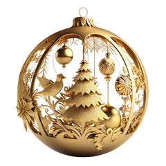 gold christmas bauble tree decoration with other design elements isolated on transparent background