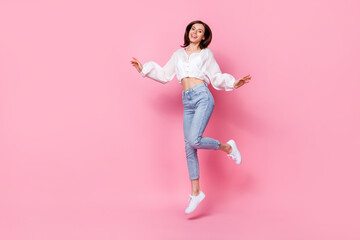 Sticker - Full length photo of cheerful pretty lady wear nice clothes rejoice shopping sale empty space isolated on pink color background