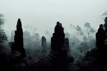 Wall Mural - tropical jungle with high rocks in darkness