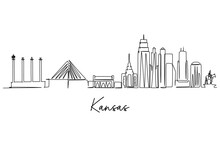 One Continuous Line Drawing Of Kansas City Skyline. Beautiful Landmark. World Landscape Tourism Travel Home Wall Decor Poster Print. Stylish Single Line Draw Graphic Design Vector Illustration