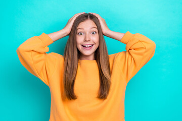 Poster - Portrait photo of youngster excited small girl touch head surprised low prices shop for electronics for studying isolated on cyan color background