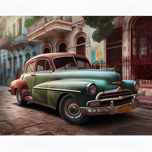 Vintage Classic Car In, A Green Car Parked On A Street, Illustration With Tire Wheel