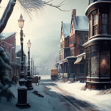 City Street In The Winter, A Snowy Street With Buildings And A Lamp Post, Illustration With Building Snow