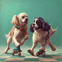 Wall Mural - wo dogs roller skating and, two dogs on skateboards, illustration with dog wheel