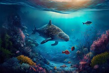 Stunning Landscape And Underwater Se, A School Of Fish Swimming In The Ocean, Illustration With Water Natural