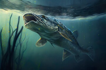 Wall Mural - pike attacking the bait underwater, a fish swimming in water, illustration with water liquid