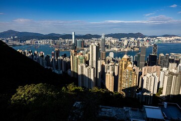 Poster - Scenic bird's eye view of the beautiful Victoria harbor in Hong Kong on a summer day