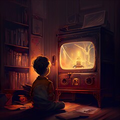 Poster - night scene of the boy, a person sitting in front of a fireplace, illustration with bookcase lighting
