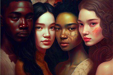 Wall Mural - multi racial love and integration, a group of people posing for the camera, illustration with nose skin