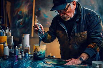Wall Mural - man working on abstract painting, a man painting a picture, illustration with blue lighting