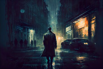 Wall Mural - man walking alone in dark, a man walking in the rain, illustration with light flash