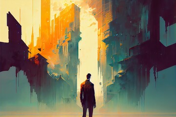 Wall Mural - man standing in abstract architectur, a person walking in front of a large building with a fire, illustration with light world