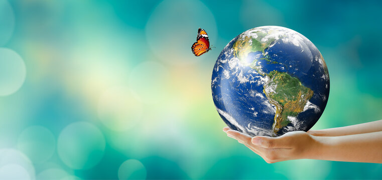 Wall Mural -  - Hand holding earth with butterfly over green blur background. Saving Planet, Protect green nature and ecology, Sustainable lifestyle. World Environment and Green concept. Elements furnished by NASA.