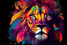 Colorful Lion Pop Art Portrai, A Person With Colorful Hair, Illustration With Vertebrate Carnivore