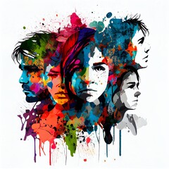 Wall Mural - colorful stylized people pattern, faces, a group of women's faces, illustration with font art