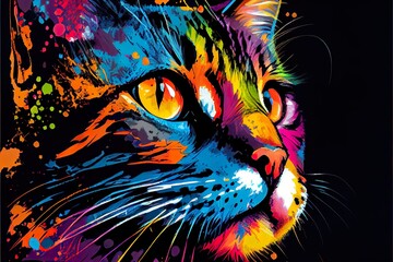 Wall Mural - colorful cat pop art portrai, a colorful fish with black background, illustration with eye felidae