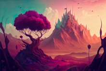 Rtistic Concept Painting Of, A Tree With Pink Flowers, Illustration With Sky Plant