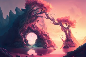 Wall Mural - artistic concept painting of a beautiful fantasy landscape, surrealism. tender and dreamy design, background illustration