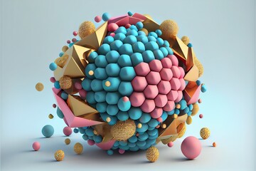 3d render, abstract geometric round shape made of colorful balls joined together. pink blue gold particles, plastic toys, isolated elements