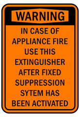 Fire emergency sign in case of appliance fire use this extinguisher after fixed suppression system has been activated