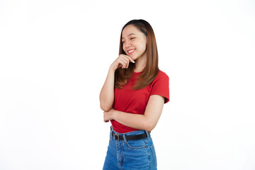 Hand chin, thinking, Pretty Asian people wearing red t-shirt for a woman isolated on white background.