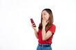 © Phushutter - Received a good news, shock, surprise for discount or promotion on black friday , Pretty Asian people wearing red t-shirt for a woman isolated on white background.
