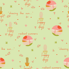 Cute, summer, spring, conversational seamless pattern print, cactus, plants pots, succulent, floral print, tags, label, positive quotes, slogans, fabric, textile, tshirt, wrapping, girls, kids, women