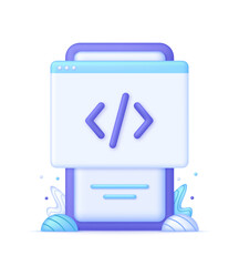 3D Web page and programming code icon on Phone. Development and software concept.
