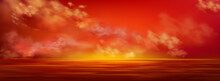 Sunset Sky In Sea, Red Clouds Flying Over Ocean