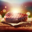  a steak steak on a piece of paper on a table with a bright light coming from behind it and a piece of paper on the table Generative AI