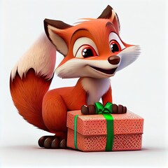 Wall Mural -  a cartoon fox sitting on top of a present box with a green bow on it's neck and eyes Generative AI