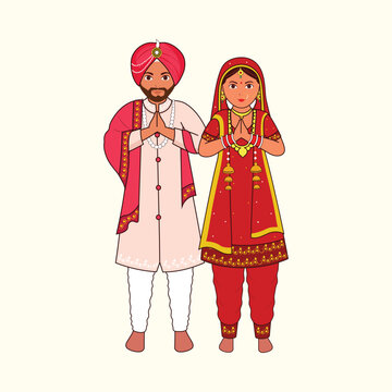 Sikh Wedding Couple Greeting Namaste In Traditional Dress On Cosmic Latte Background.