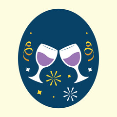 Sticker - Toast Wine Glass With Confetti Against Circle Blue And Cosmic Latte Background.