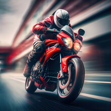 Biker On Red Motorcycle Rides At The Highway. Blurred Motion, Fast Speed. Photorealistic Illustration Generated By Ai