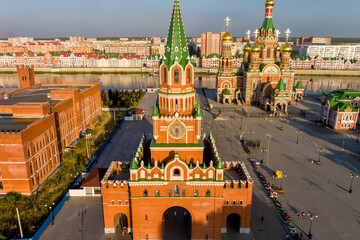 Yoshkar-Ola, Russia. Annunciation tower. Sunset time. Aerial view