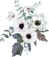 Canvas Print - Bouquet with white anemones and greenery