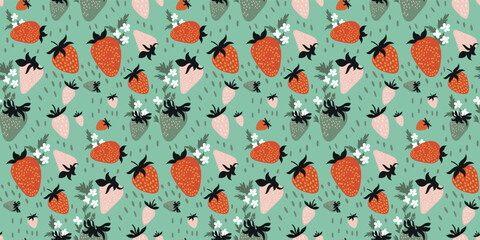 Wall Mural - Hand drawn strawberry seamless pattern. Red, pink Strawberries and green leaves, flowers with doodle stroke on pastel green background. Creative berry print in a simple hand-drawn style. Vector.