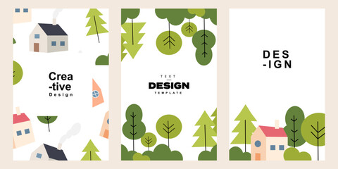 Leinwandbilder - Set of cute country poster template in cute flat design. Collection of tree and house illustration design