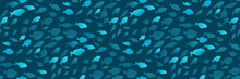 Seamless Pattern With A Shoal Of Fish On A Dark Blue Background. Creative Marine Print With Silhouettes Of Ocean Fish (a Floating Flock Of Fish) . Underwater Marine World Backdrop. Vector Illustration
