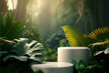 Two White Round Podium Displays For Product Presentation, Lush Jungle Forest In The Background