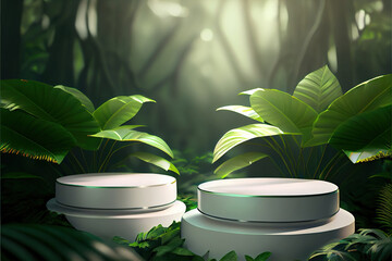 Wall Mural - two white round podium displays for product presentation, lush jungle forest in the background