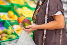 Mature Woman's Hands Holding Two Mango Fruits In Supermarket