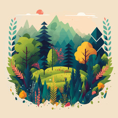 Nature Mountain Forest Jungle Landscape Background in Vector Flat Color